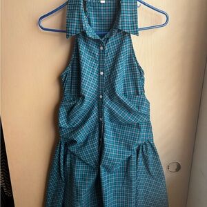 Sleeveless Teal Plaid Button-Front Dress